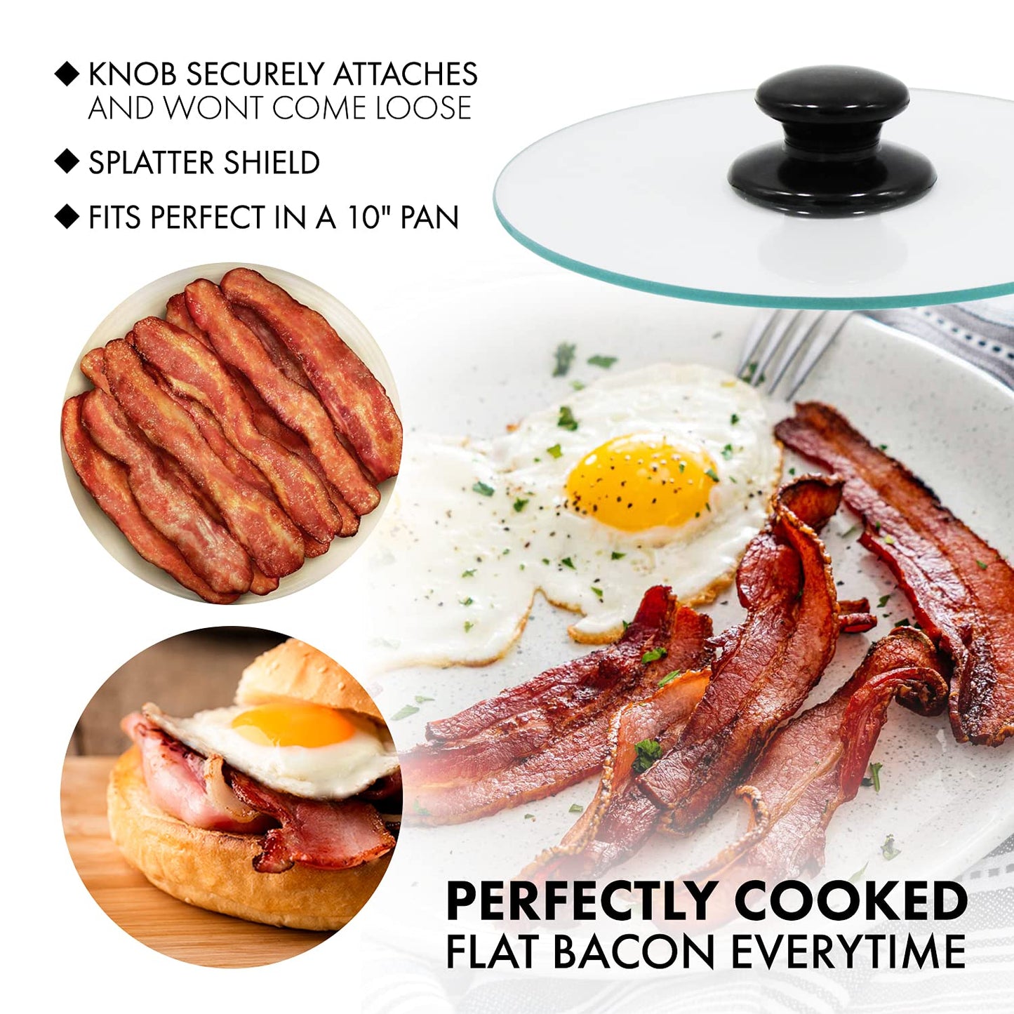 Northwest Enterprises Bacon Press, Round Tempered Glass Bacon Press And Splatter Shield, Perfectly Cooked Flat Bacon Every Time!