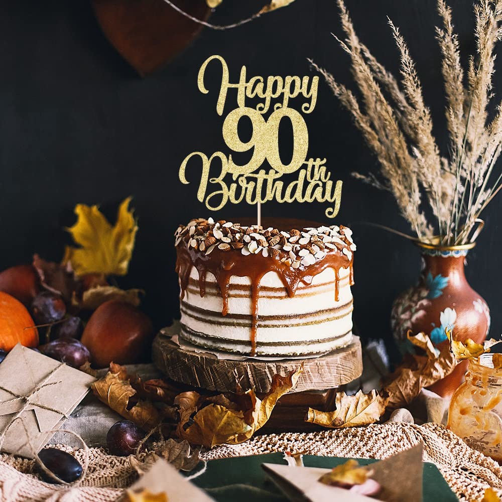 Palasasa Gold Happy 90Th Birthday Cake Topper - 90Th Anniversary Cake Topper Party Decorations (90Th)