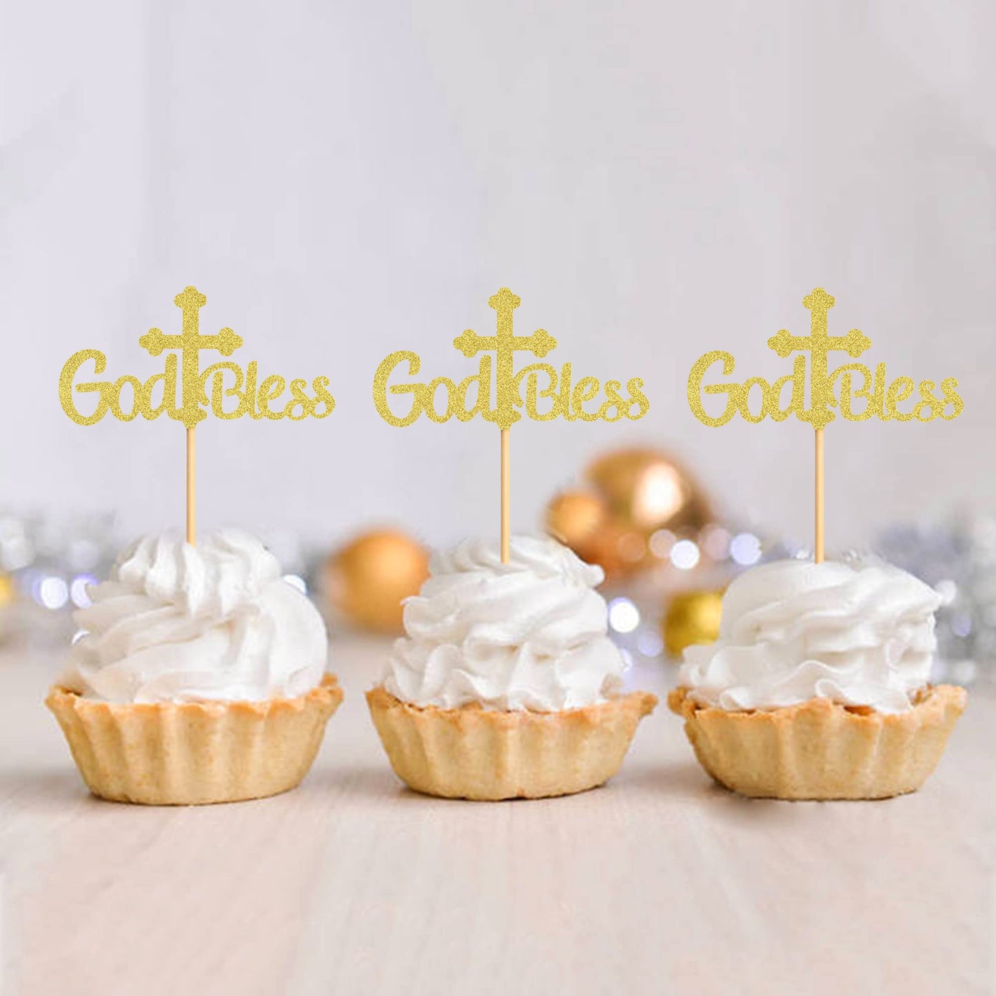 Ercadio Cupcake Toppers Set, 36 Pack Gold Cross Glitter Decorations for Baptism, Small Paper Party Supplies