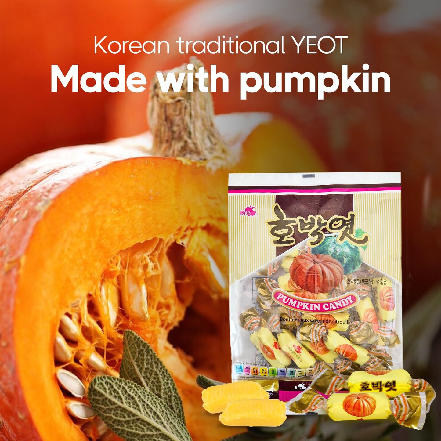 COELO Pumpkin Yeot Soft Candy  , Chewy Texture, 105g (3.7 oz) per Pack, Individually Wrapped, Korean Traditional Snack