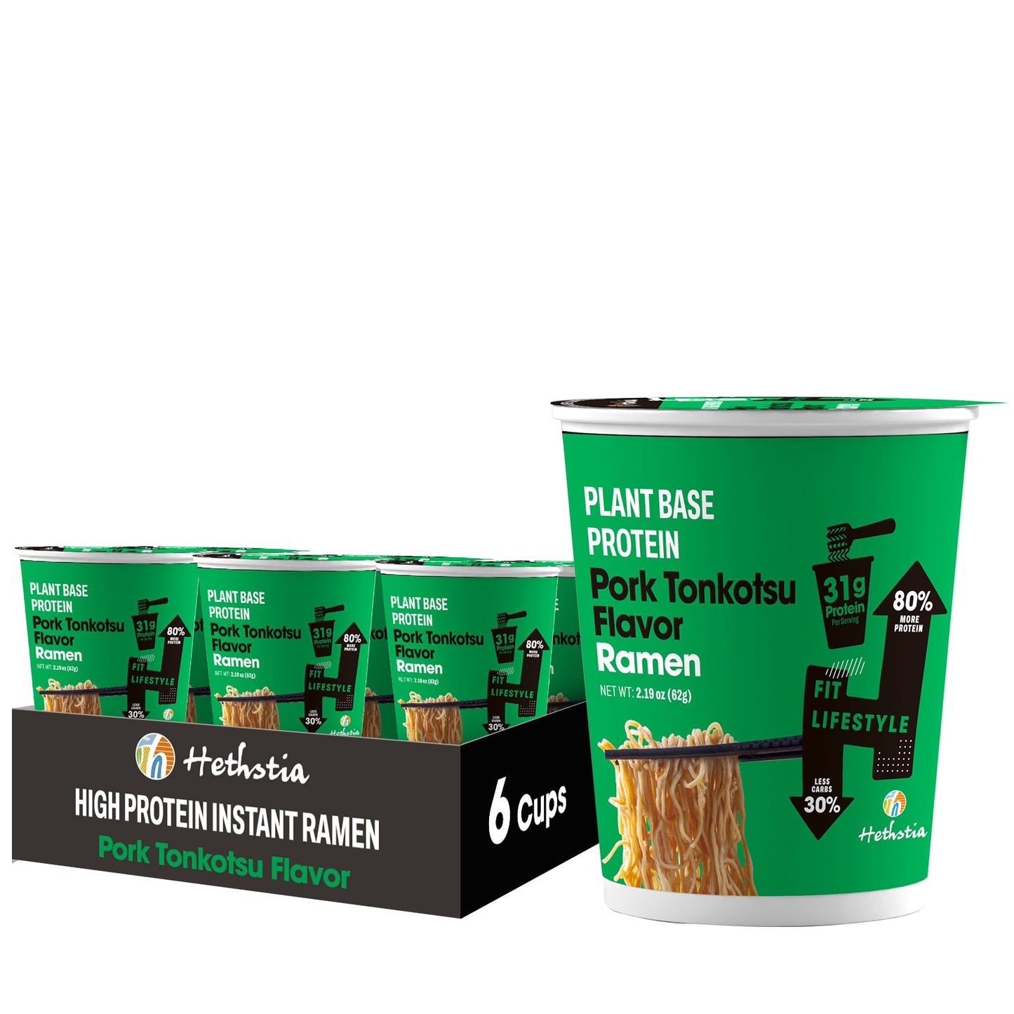 Hethstia Protein Ramen, Plant-Based Protein(31g), 6 Packs Quick Meal Pork Tonkotsu Broth, Vegan, Air-Dried, Non-Fried, Low Fat A