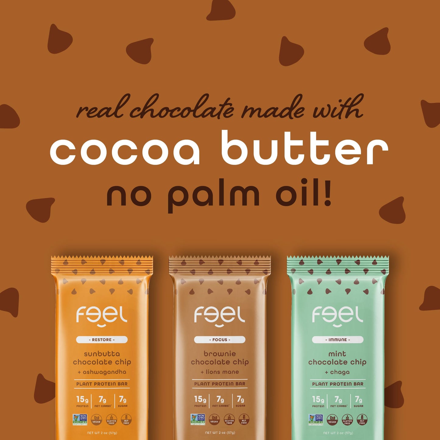 Feel Vegan Protein Bars | Chocolate Lovers | Keto | Gluten Free | Organic | Lions Mane | Chaga | Ashwagandha | 15G Protein | Low Sugar | Non Gmo | Sunbutta + Brownie + Mint - 9 Pack