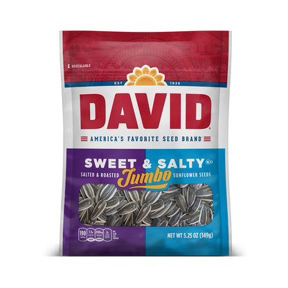 DAVID Roasted and Salted Sweet and Salty Jumbo Sunflower Seeds, Keto Friendly, 5.25 oz, 12 Pack