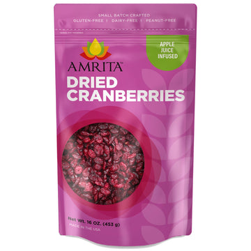 Amrita Dried Cranberries 1 lb | Sweetened with Apple Juice, Unsulfured, Gluten Free, non-GMO, No Preservatives | Packed Fresh in