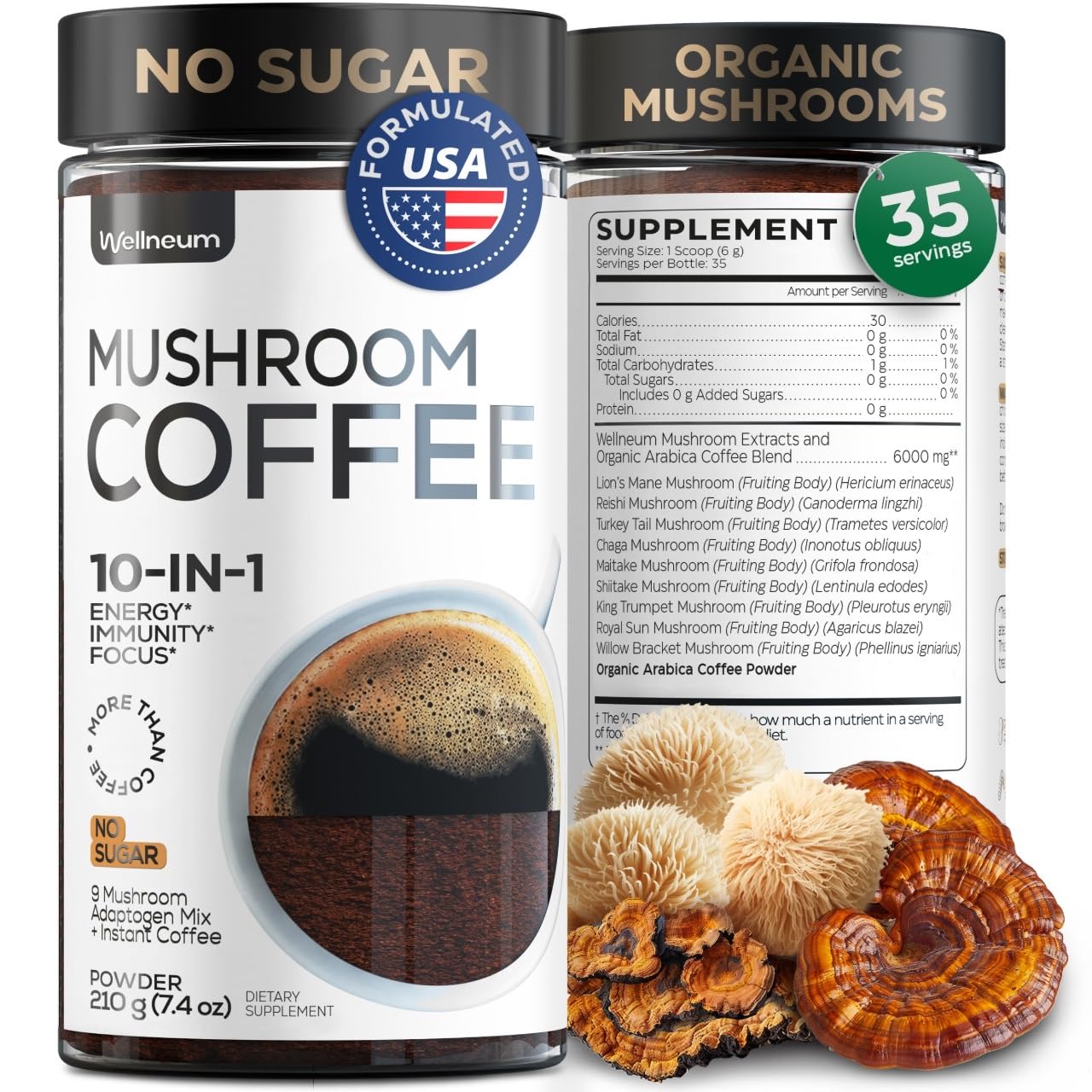 Wellneum Mushroom Coffee - 10-in-1 Superfood Adaptogen Mix - 7.4 oz - Sugar Free - Brown