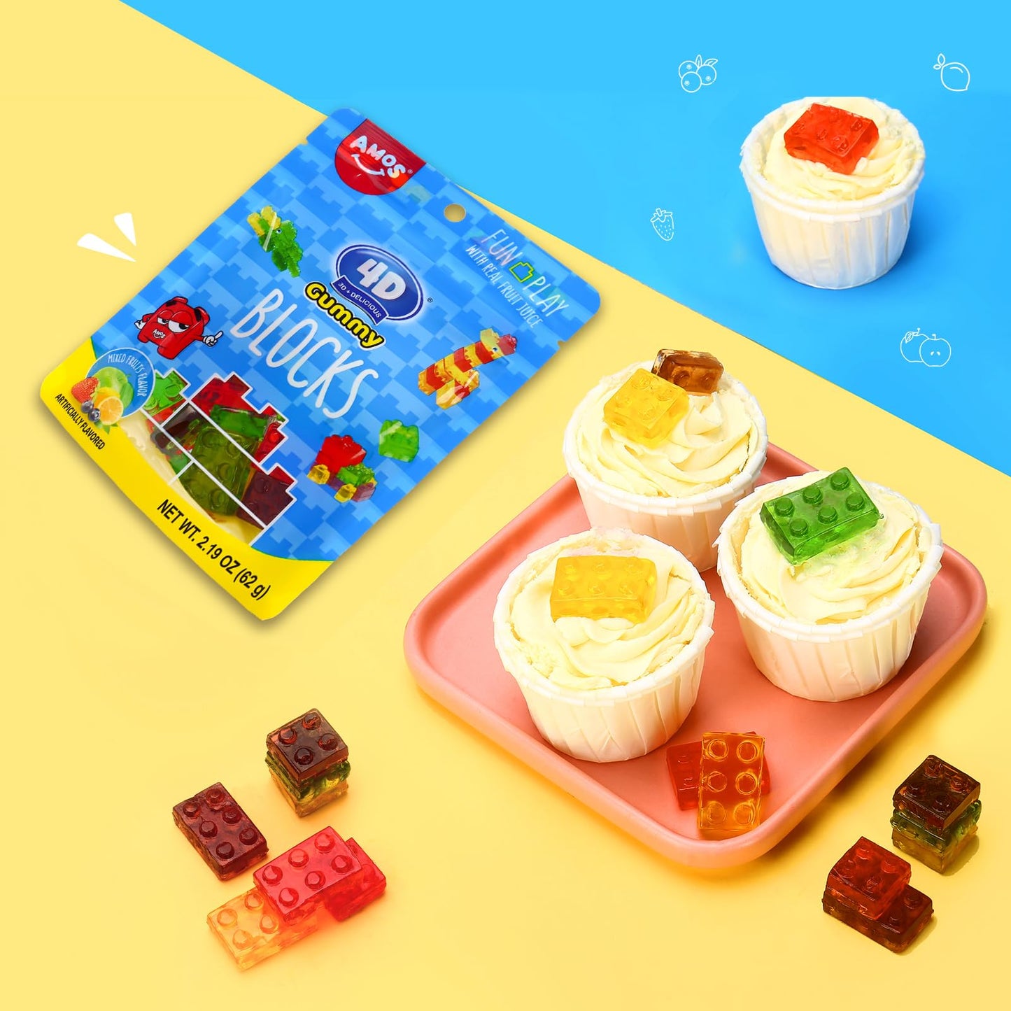 Amos 4D Gummy Blocks Candy Bricks, Edible Building Blocks, Themed Novelty Candy For Kids Birthday Party, Cupcake Topper, Reseala