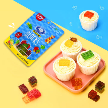 Amos 4D Gummy Blocks Candy Bricks, Edible Building Blocks, Themed Novelty Candy For Kids Birthday Party, Cupcake Topper, Reseala