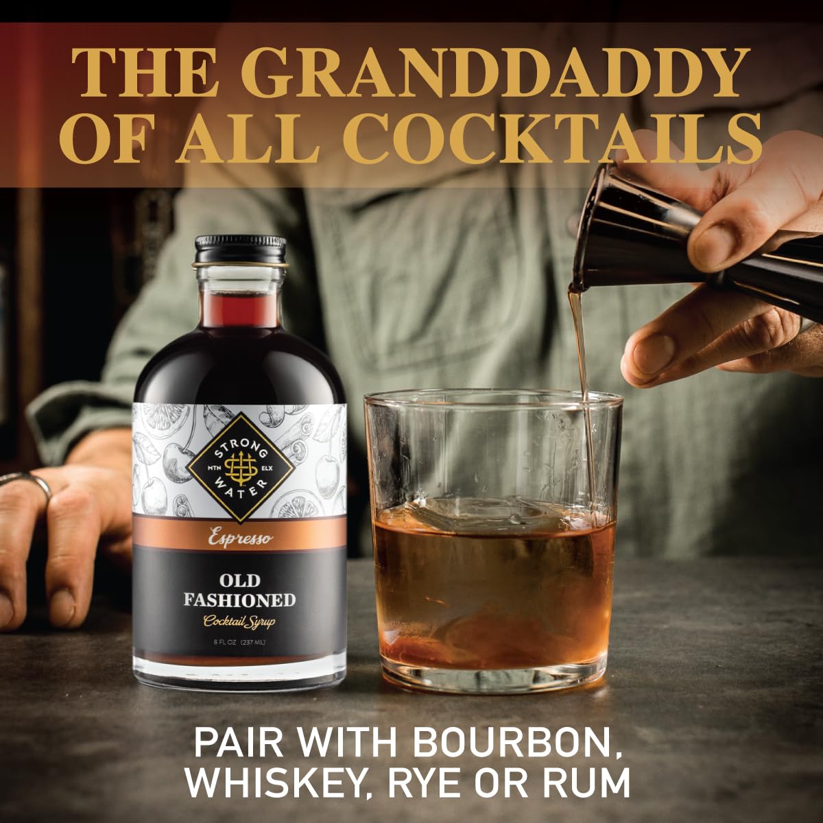 Strongwater Espresso Old Fashioned Cocktail Mixer - Handcrafted Syrup with Coffee, Cinnamon & Cherry - 8 Fl Oz - Model 1011
