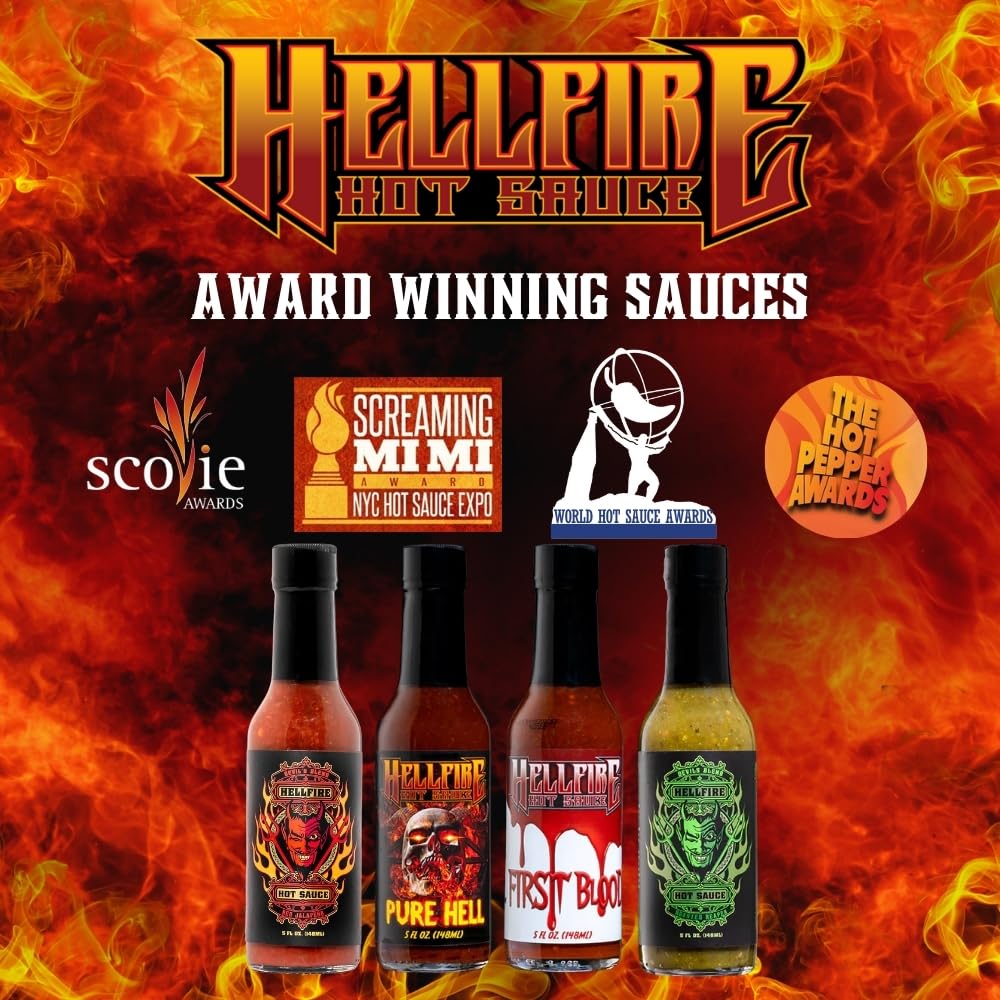 Hellfire Hot Sauce Vegan Gift Pack - Gourmet Hot Sauce Variety Pack With 4 Plant Based Flavors (Four 5 oz. Bottles)