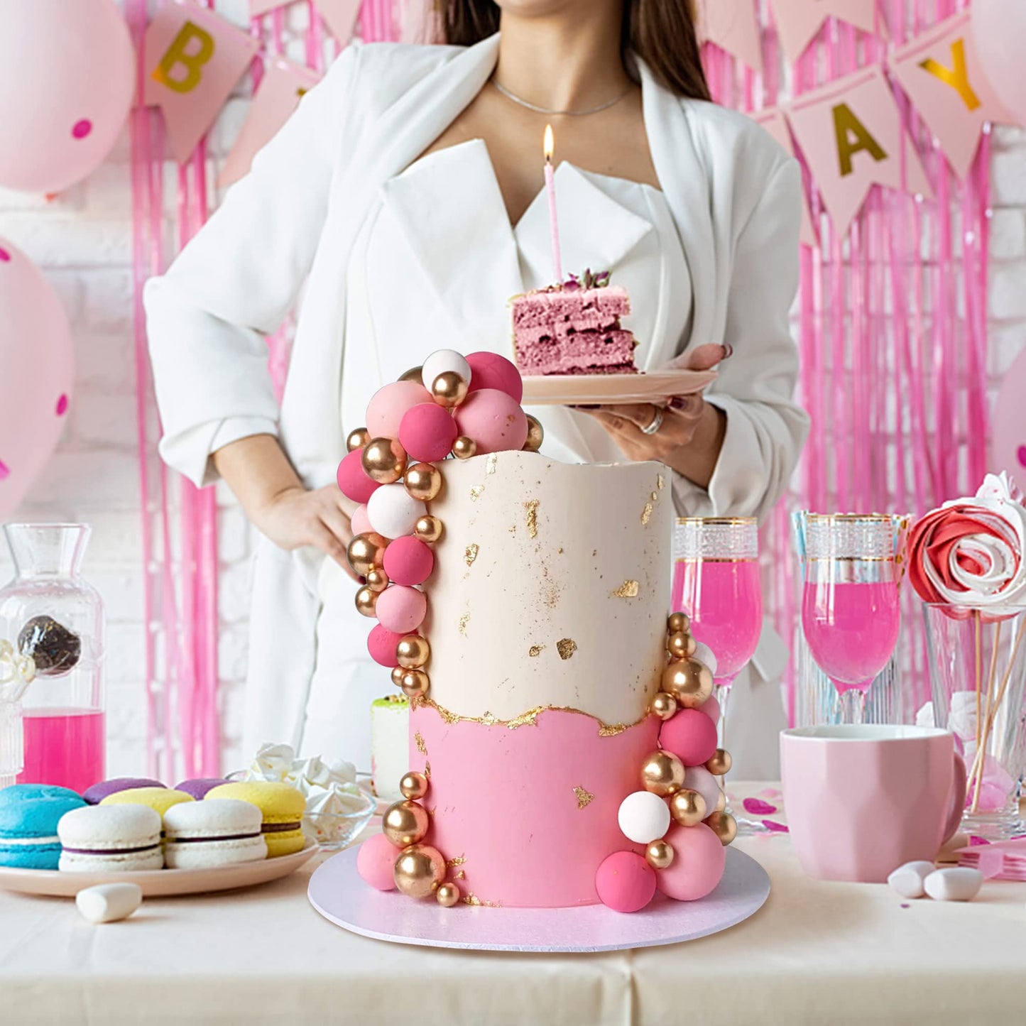 RASSLISA Foam Ball Cake Toppers, 113 PCS, 5 Sizes, Gold Pink White Hot Pink, Perfect for Birthdays, Baby Showers, and Weddings