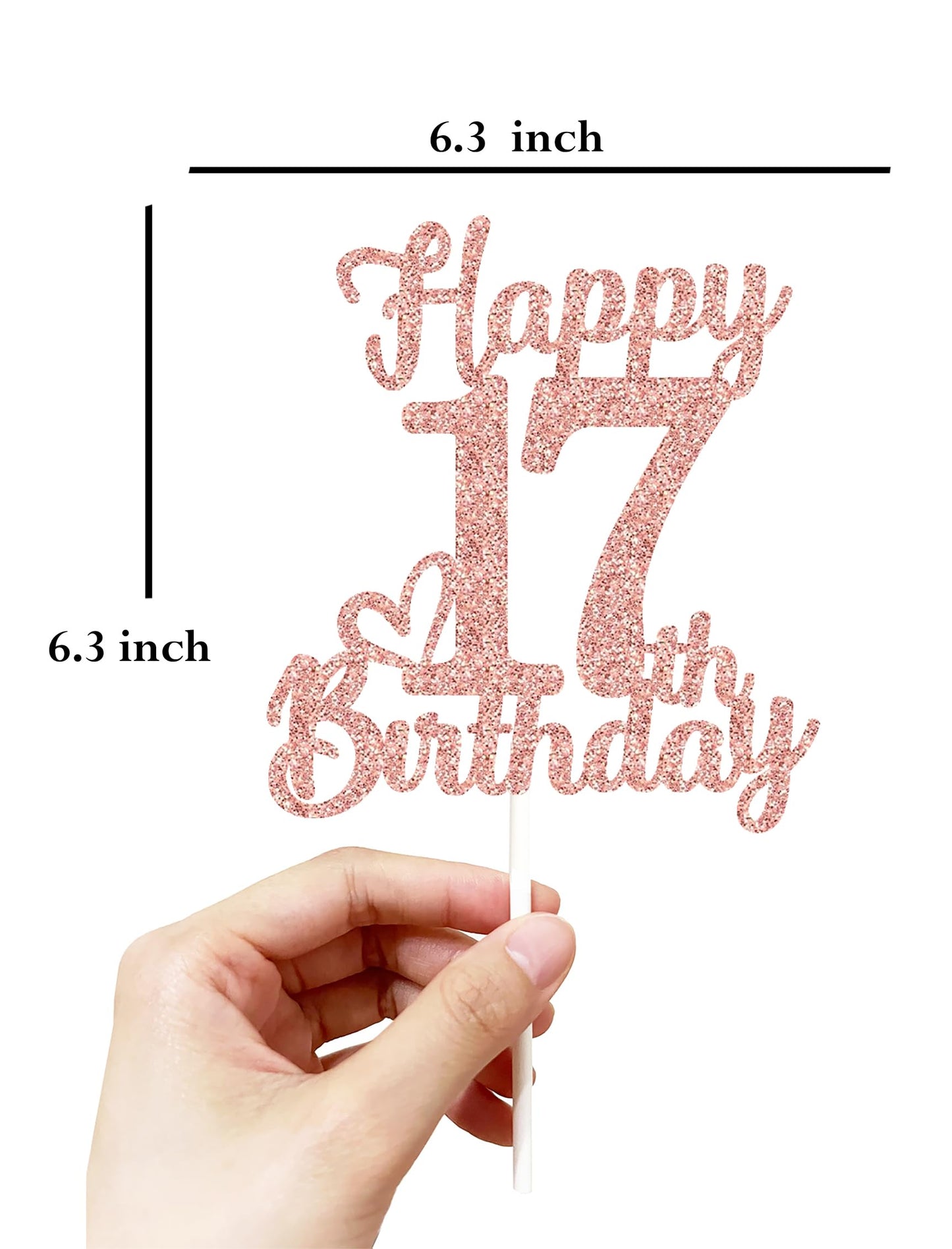 veegood 17th Birthday Cake Topper - Rose Gold Glitter Cardstock, Happy 17th Decorations for Men & Women
