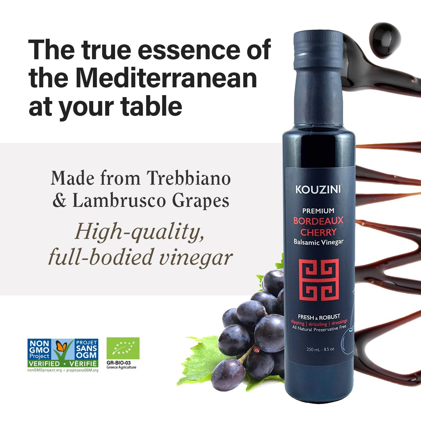 Kouzini Ultra Premium Bordeaux Cherry Balsamic Vinegar, Aged Balsamic Vinegars From Modena, Italy, Premium, Smooth & Full-Bodied Flavor, 250Ml Bottle