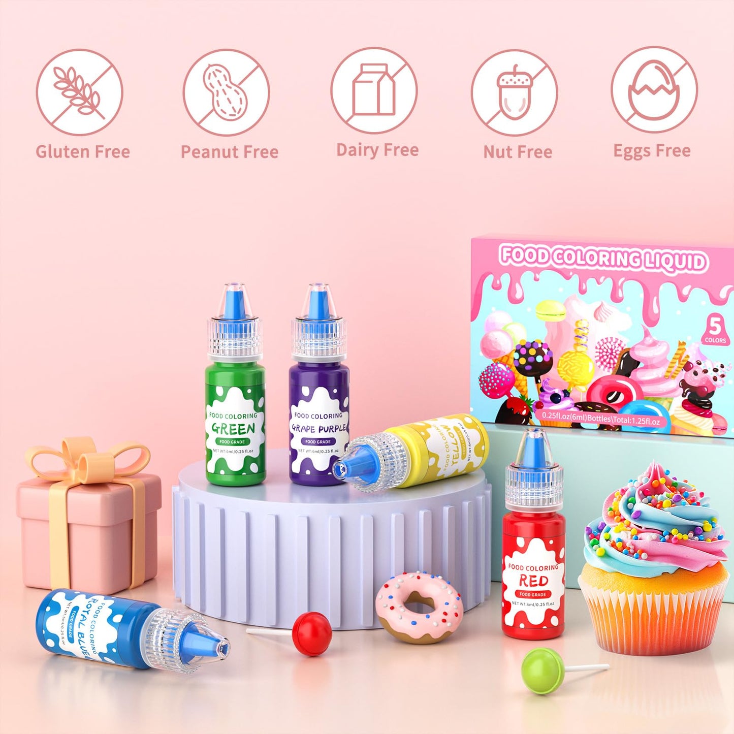 Food Coloring Liquid - 5 Food Grade Vibrant Colors Food Coloring Liquid Set, Food Dye Color for Baking, Icing, Cookie, Cake Deco