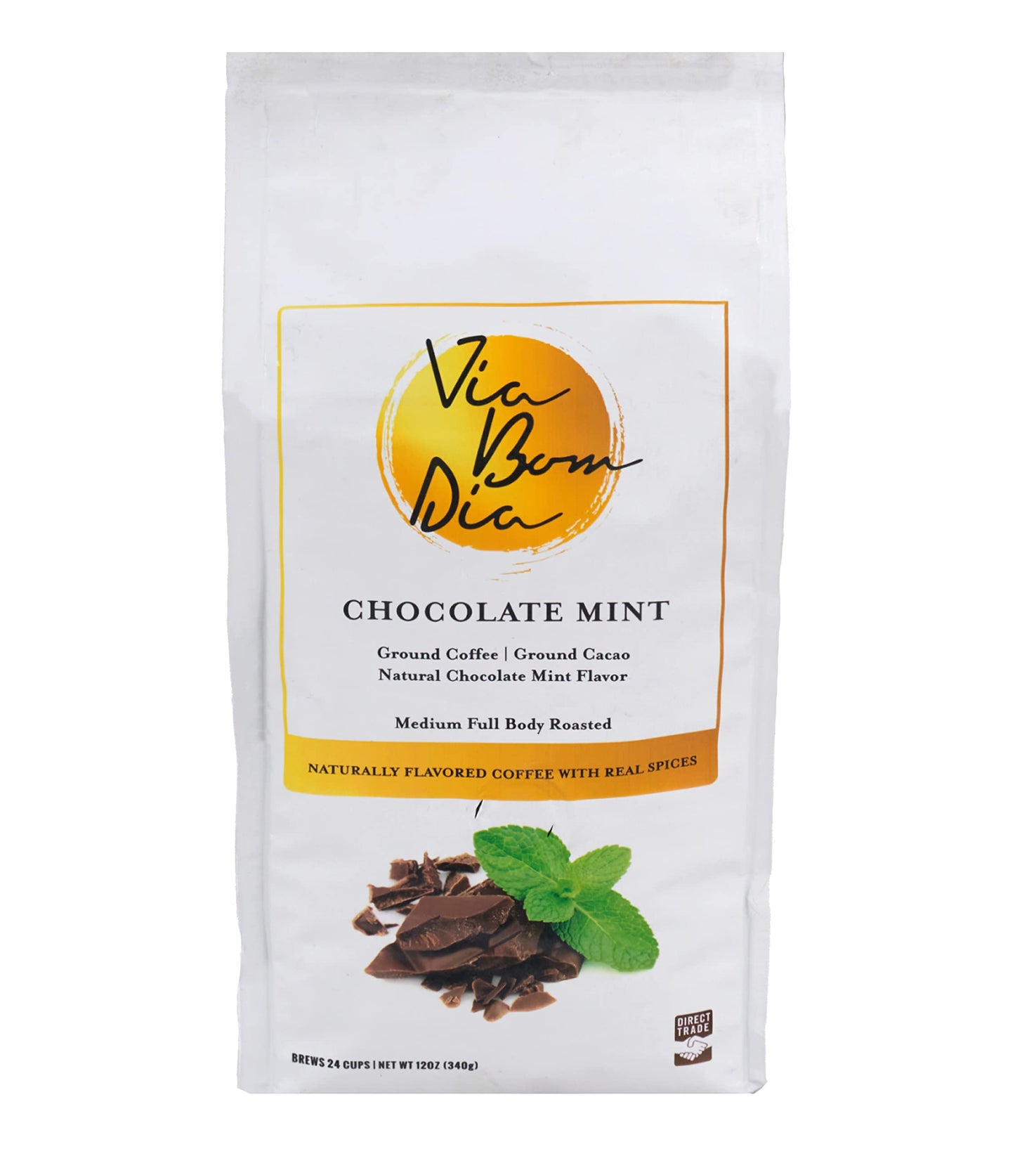 Via Bom Dia 100% Naturally Flavored Ground Coffee  Chocolate Mint  Medium Roast  No Artificial Flavors  12 Oz. Bag