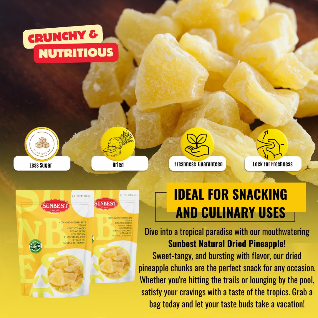 Sunbest Natural Dried Pineapple Chunks - 80 Oz (5 Lbs) 1 Pack - Juicy Candied Pineapple For Snacking, Baking, & Cooking - Vegan, Kosher, Non-Gmo, Plant Based Dehydrated Cut Fruit