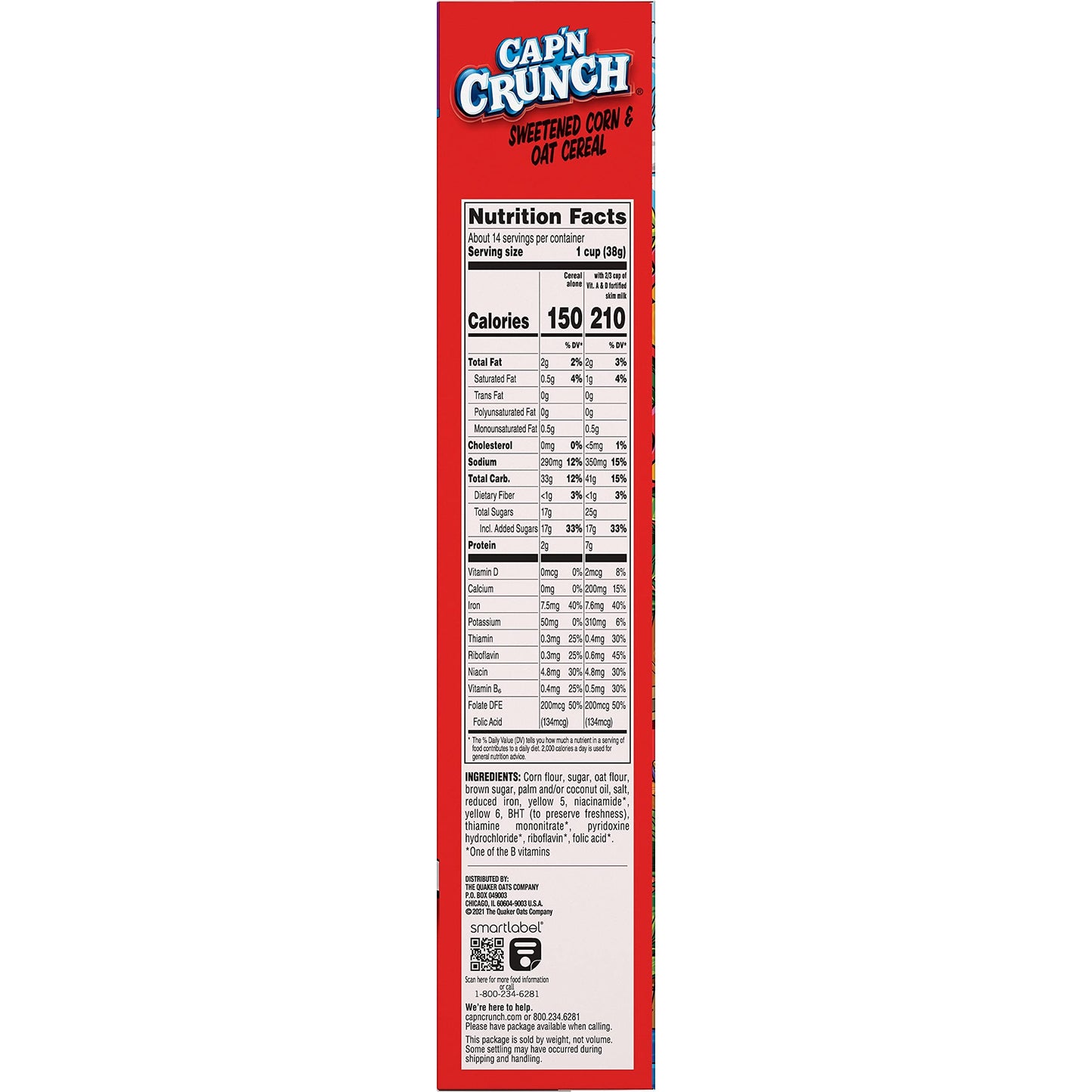 Quaker Capn Crunch Breakfast Cereal, 18oz Box, 18 Oz