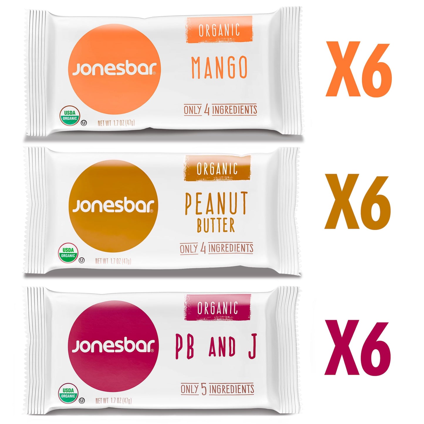 JONESBAR Organic Plant Based Protein Bars, 18 Count Variety Pack, Gluten Free, Vegan Snack for mature-themeds and Kids