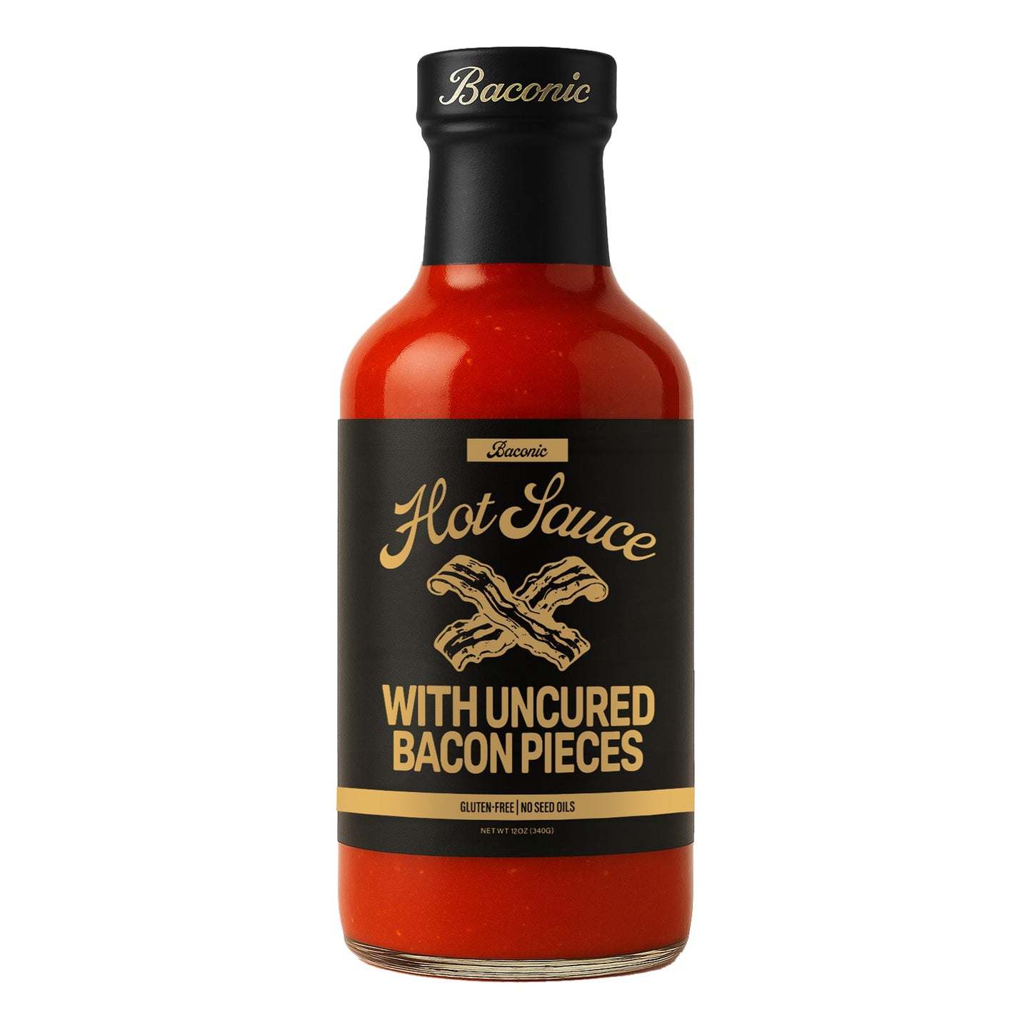 Baconic Bacon Infused Hot Sauce - Spicy, Zero Sugar, Keto-Friendly, 12oz Glass Bottle