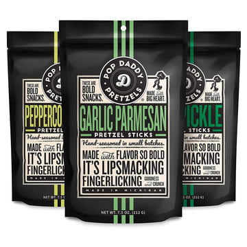 POP DADDY Flavored Pretzels Sticks Variety Pack - Garlic Parmesan, Peppercorn Ranch, Dill Pickle - 7.5oz (Pack of 3)