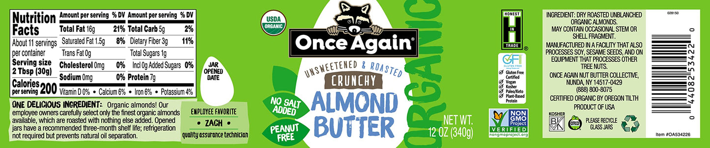 Once Again Organic Crunchy Almond Butter, 12Oz - Roasted - Salt Free, Unsweetened - Usda Organic, Gluten Free Certified, Peanut