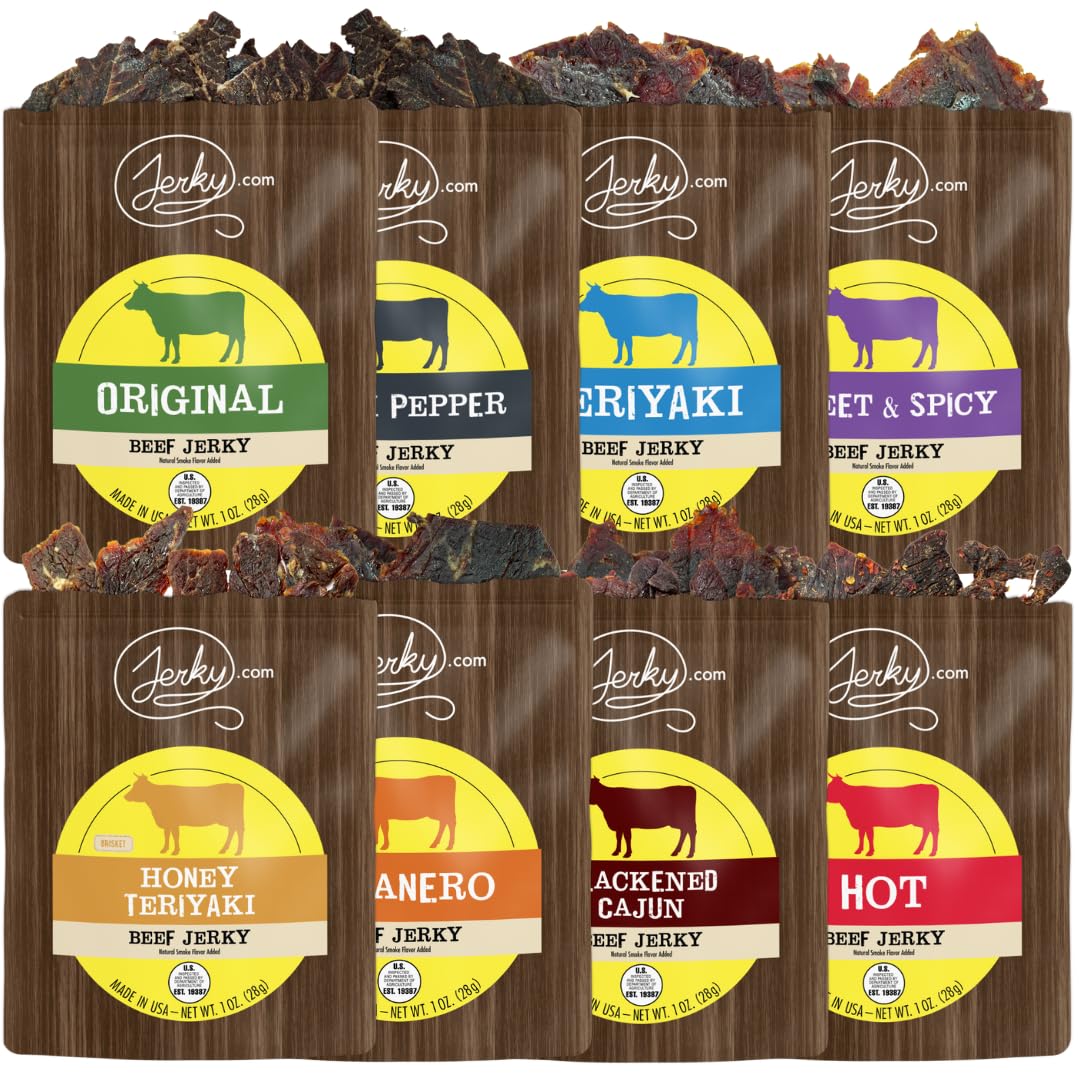 Jerky.com Beef Jerky Sampler - Featuring Original, Black Pepper, Teriyaki, Sweet & Spicy, Hot, Habanero, Blackened Cajun, Honey 