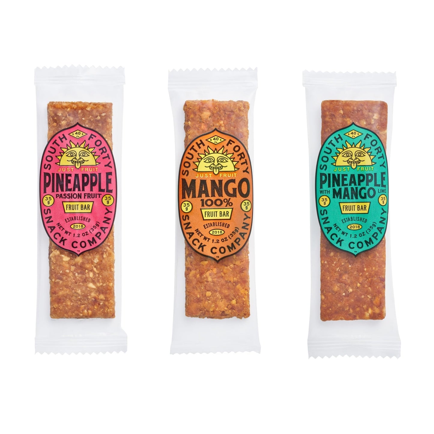 South 40 Snacks Mix of 3 enhanced Tropical Fruit Bars Variety Pack  Just 1-3 Ingredients  Mango and Pineapple Based with Passionfruit and Lime  Unsweetened  No Added Sugar  Individually Wrapped (35g Bar  Pack of 18)