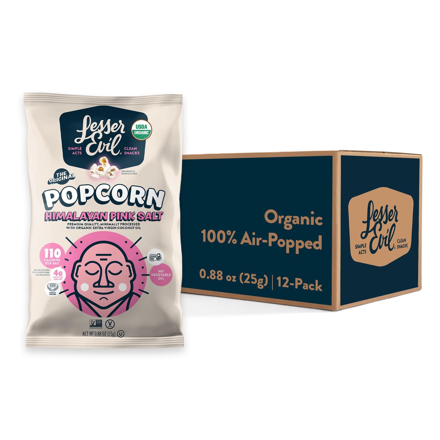 Lesserevil Organic Popcorn, Himalayan Pink Salt, 0.88 oz Bags, Pack of 12, No Artificial Ingredients, Coconut Oil