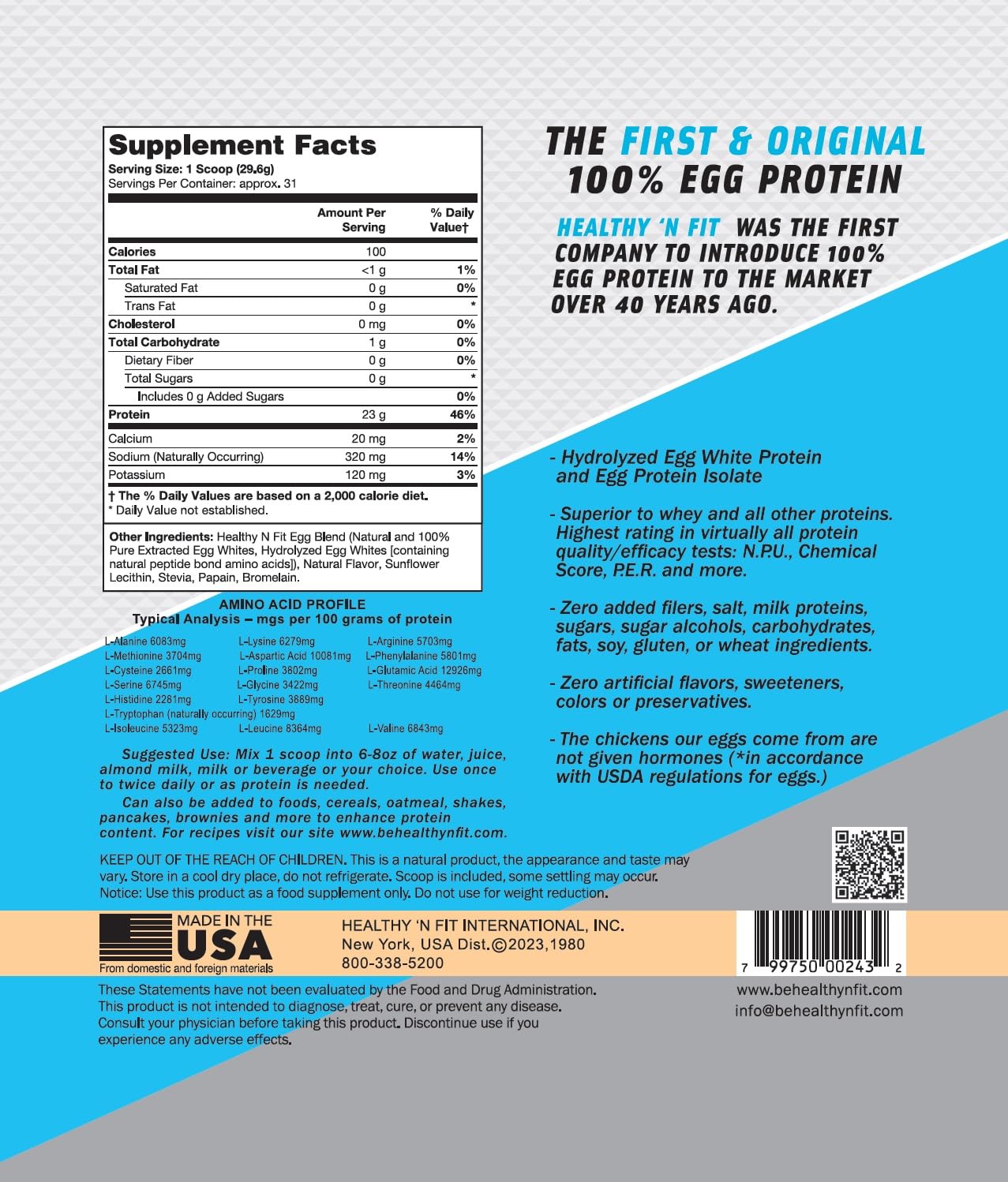 Healthy N Fit 100% Egg Protein - French Vanilla, 2LB, Zero Sugar, Zero Fat, Model 799750002432