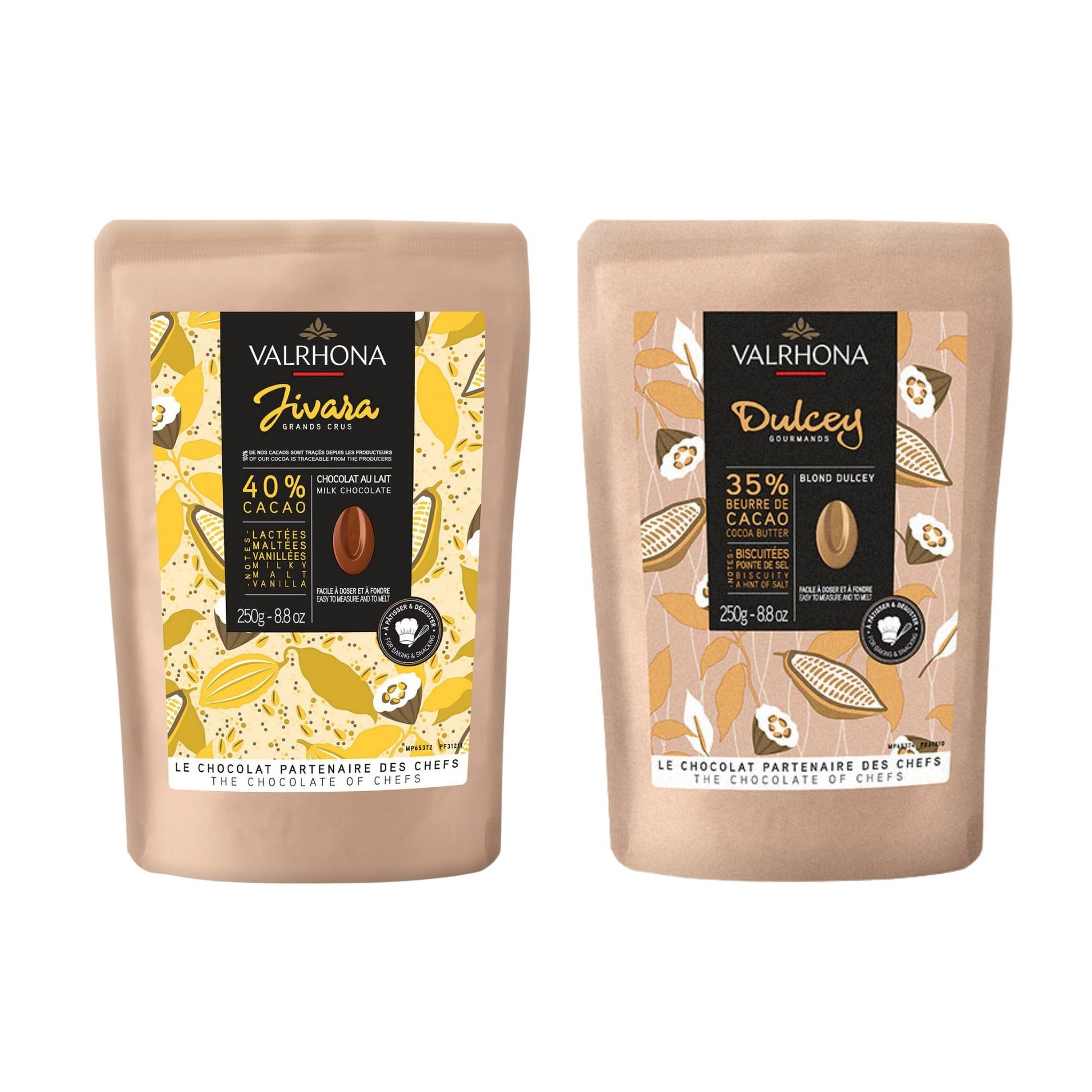 Valrhona Top-Grade Baking Chocolate Discs (Feves)  Milk Jivara 40% With Hints Of Vanilla And Malt  And Creamy Blonde Chocolate Dulcey 35% With Caramel Cookie Flavor Notes  For Cookies  Cakes  And More