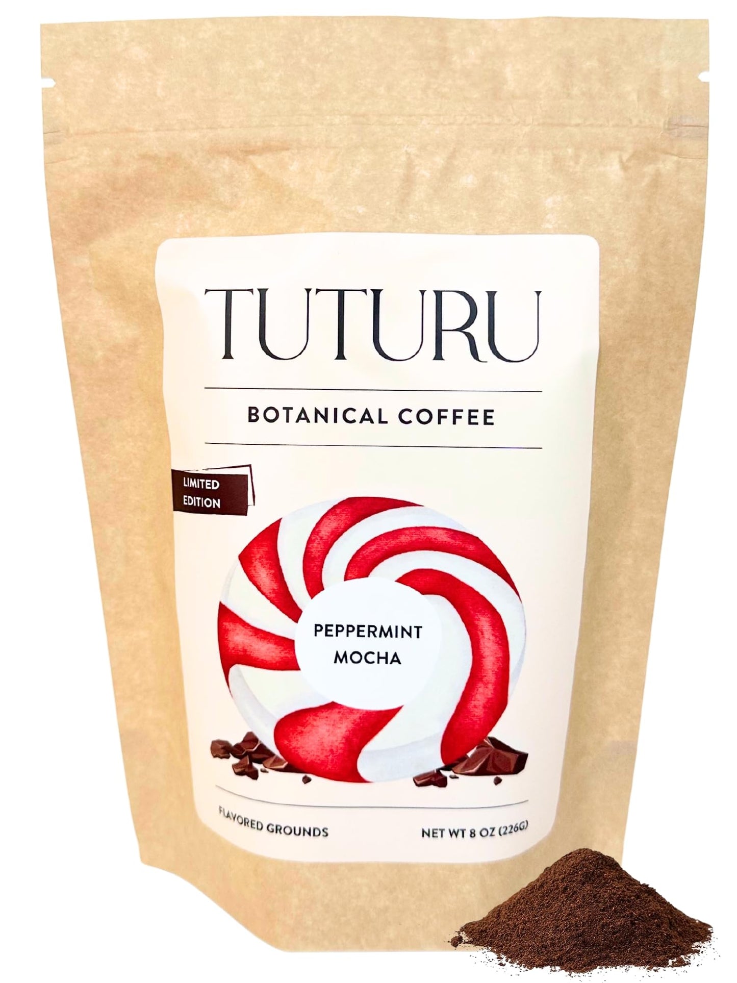 TUTURU Botanical Coffee Organic Peppermint Mocha Ground Coffee, Medium Roast, 8 oz, Smooth Low-Acid, Perfect for Drip or Cold Brew