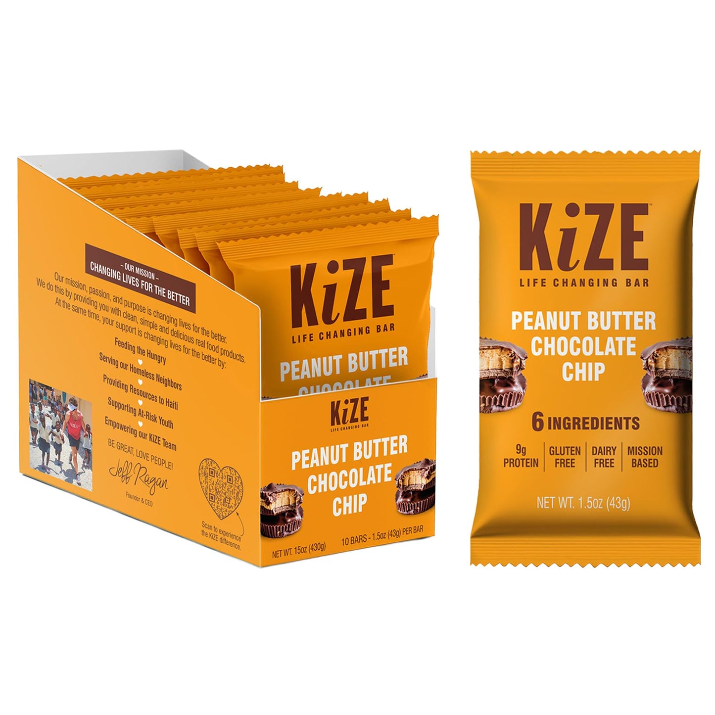 Kize Energy Bar, Peanut Butter Chocolate Chip, 6 Ingredients, 9G Protein, Clean & Simple Real Food, Gluten Free, Non-Gmo, Dairy 