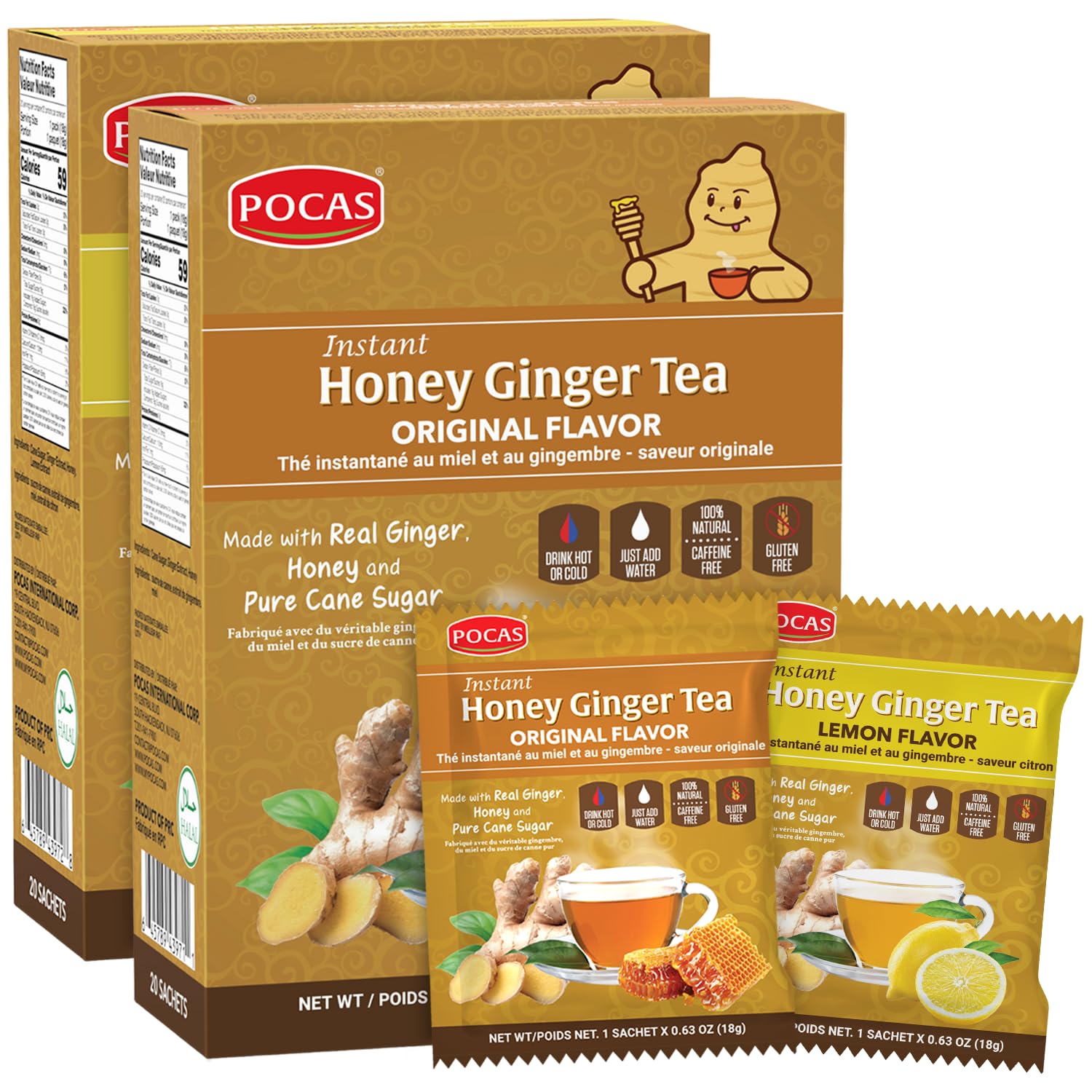Pocas Honey Ginger Tea Bundle - Original & Lemon Flavor, Instant Tea Powder Packets, Non-GMO, Gluten Free, 40 Count