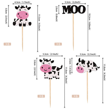 24 Pcs Cow Cupcake Toppers Glitter Farm Animals Moo Cupcake Picks Cow Theme Baby Shower Kids Birthday Party Cake Decorations Sup