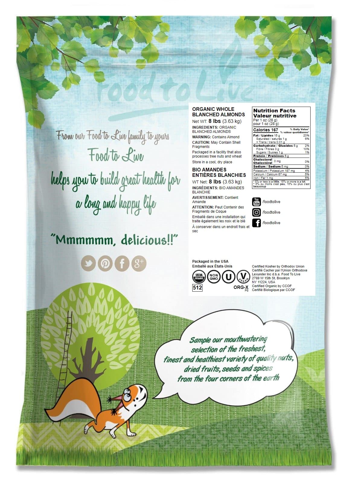 Food To Live Organic Blanched Whole Almonds, 8 Pounds - Non-Gmo, Raw, Unpasteurized, Unsalted, Keto, Paleo, Kosher, Bulk, High In Protein, Dietary Fiber, Vitamin E, Manganese And Riboflavin.