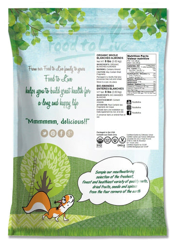 Food To Live Organic Blanched Whole Almonds, 8 Pounds - Non-Gmo, Raw, Unpasteurized, Unsalted, Keto, Paleo, Kosher, Bulk, High In Protein, Dietary Fiber, Vitamin E, Manganese And Riboflavin.
