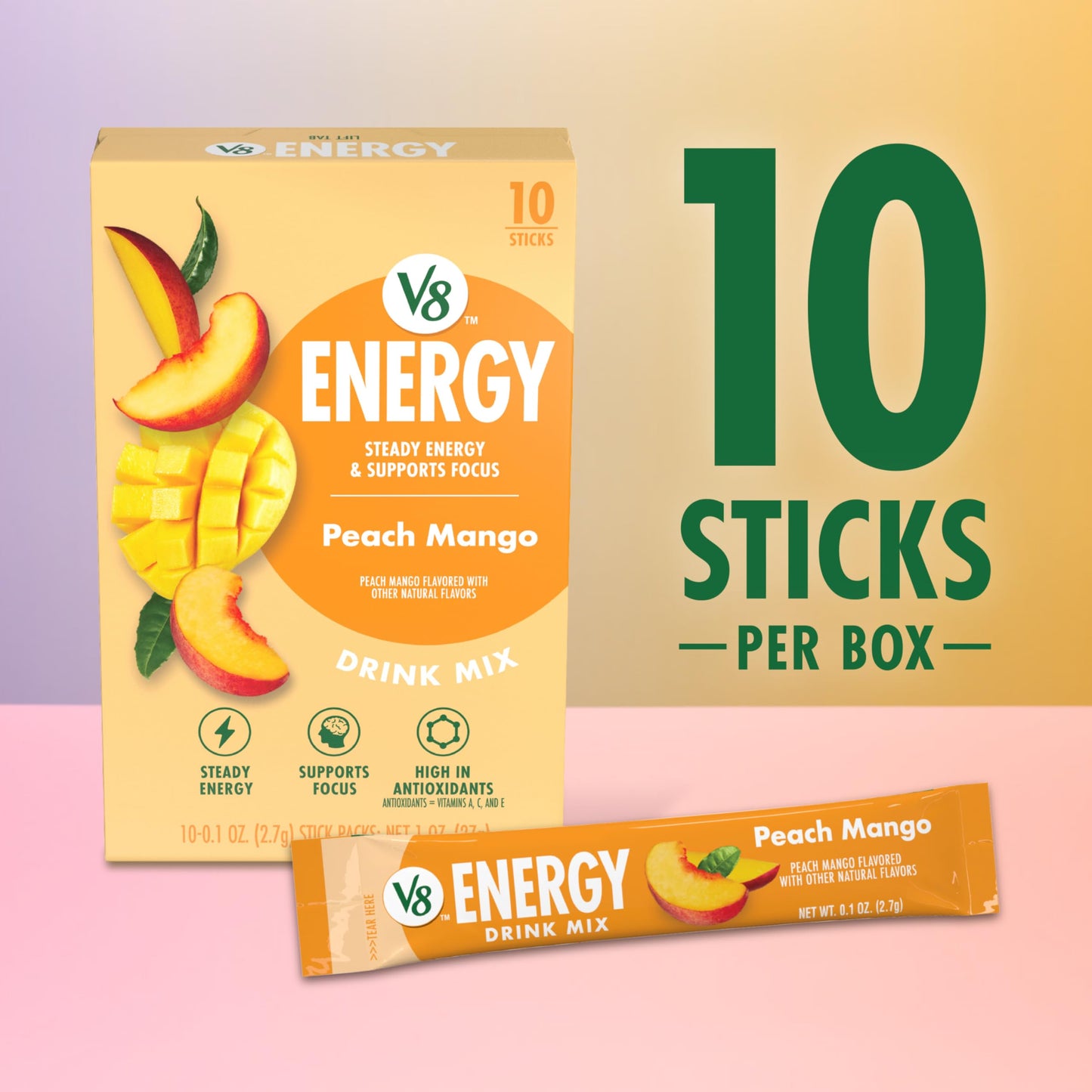 V8 Energy Drink Powder, Peach Mango Flavor, 120 Count, .10 oz Packets, Model 200000029343