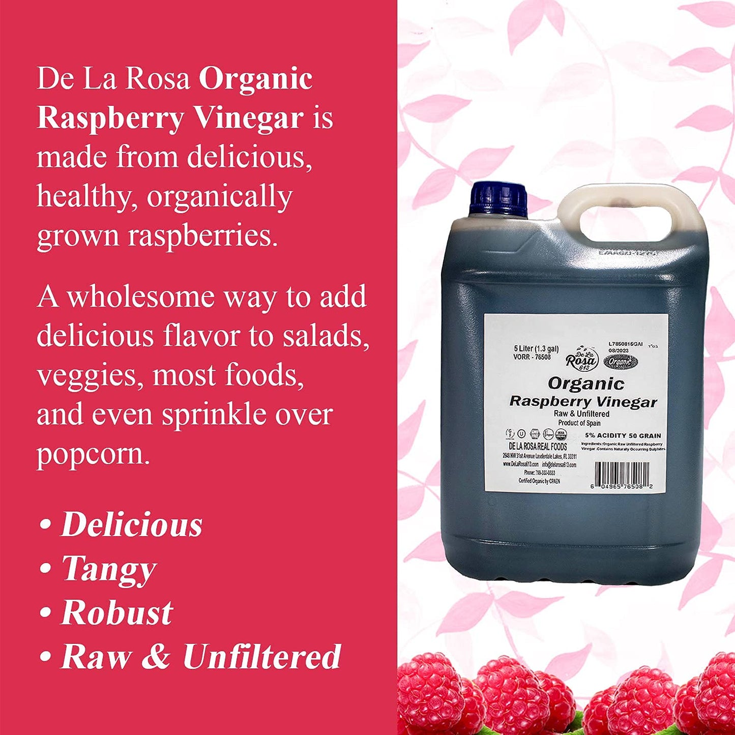 De La Rosa Organic Raspberry Vinegar, Raw & Unfiltered, Vegan, Gluten Free, 169 Fl Oz, SUVELAM