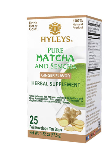 Hyleys Matcha Tea Bags With Ginger - 25 Tea Bags (Japanese Pure Matcha Wellness Green Tea)