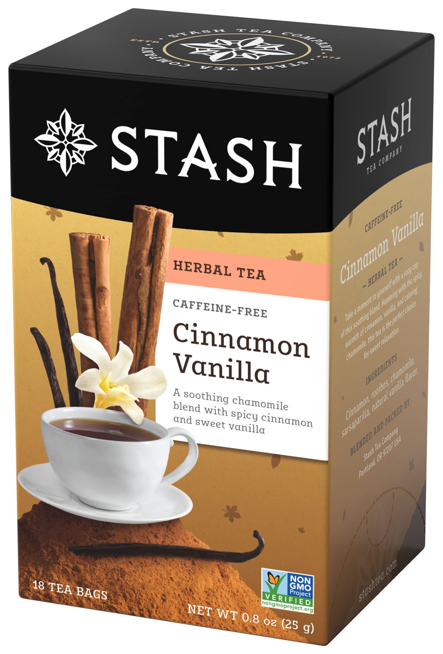 Stash Tea Cinnamon Vanilla Herbal Tea, Caffeine Free, Non-GMO, 18 Count (Pack of 6) - 108 Bags Total