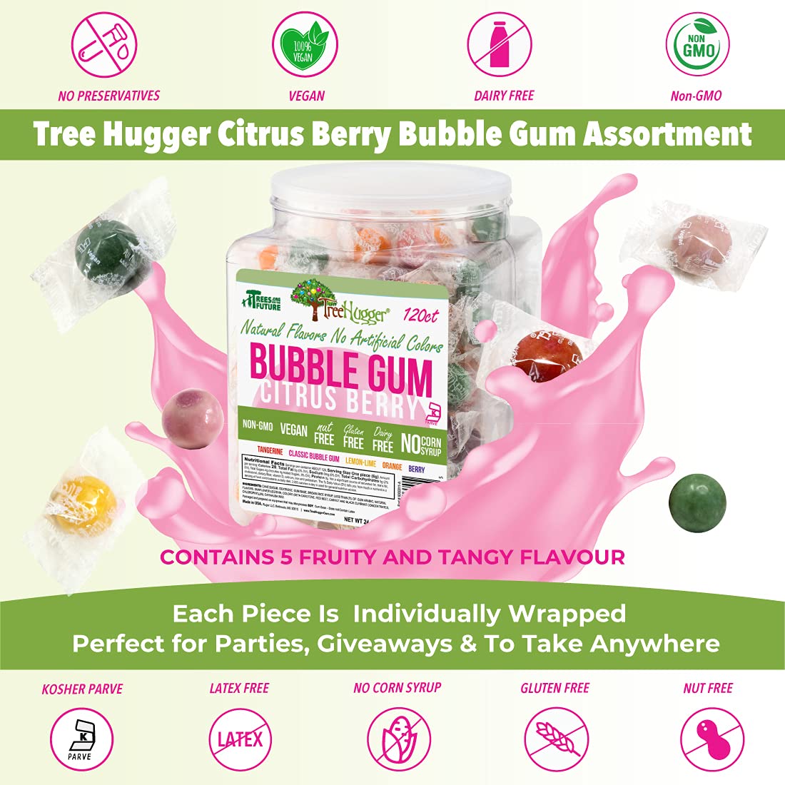 Tree Hugger Bubble Gum, Citrus Berry, Natural Flavors, No Artificial Colors, 120 Count Tub