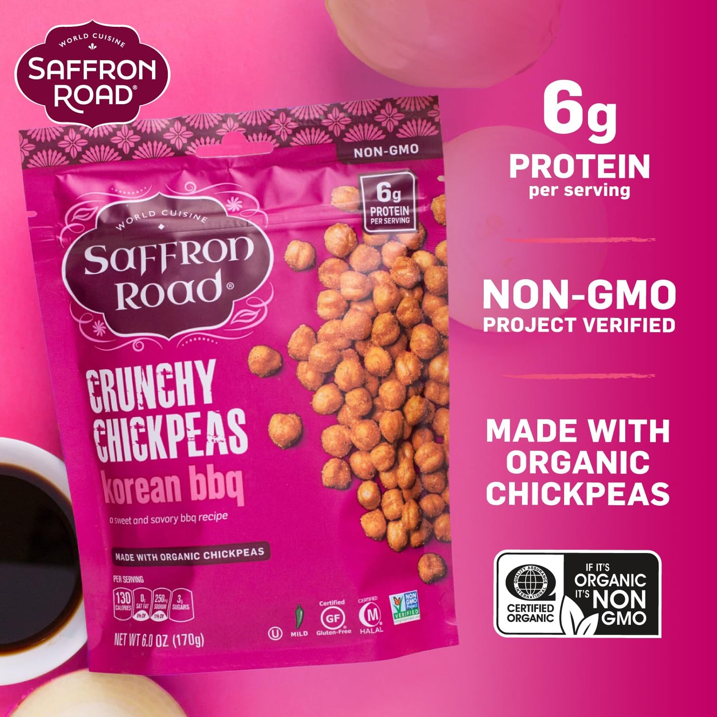 Saffron Road Roasted and Crunchy Korean BBQ Chickpeas | High Protein Snacks | Gluten-free, Vegan, Non-GMO, and Certified Halal a