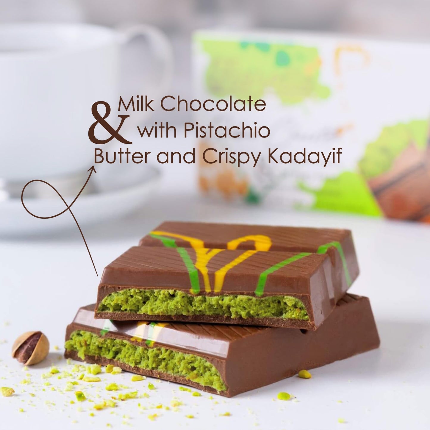 Fiorella Dubai Chocolate Bar Pistachio, Luxury & Premium Dubai Milk Chocolate Bar Filled With Pistachio Butter & Shredded Knafeh