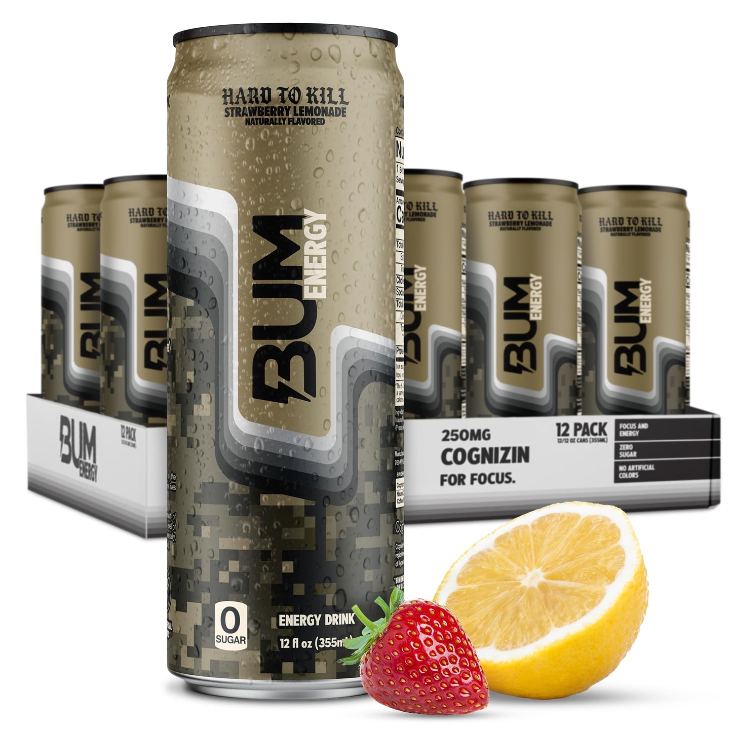 BUM Sugar-Free Energy Drink  Strawberry Lemonade - Lightly Carbonated & No Artificial Colors  Natural Caffeine & Citicoline for Energy  Focus  Brain Boost & Workout Sports Beverage - 12 oz  Pack of 12