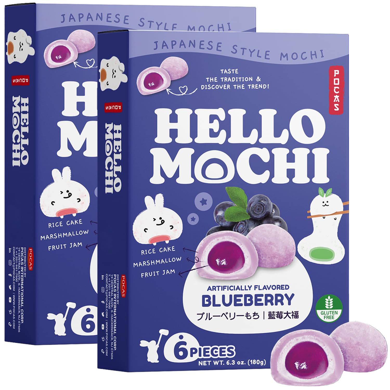 Pocas Hello Mochi, Blueberry 2-Pack - Soft and Chewy Japanese Snacks, Sweet Rice Cake, Marshmallow & Blueberry Jam Dessert, Glut