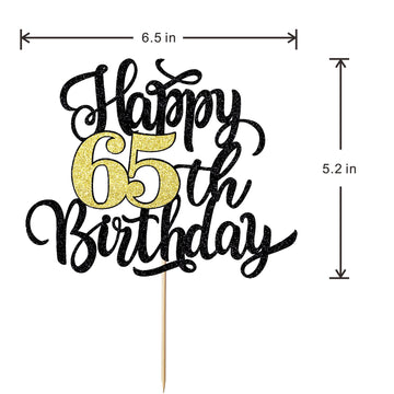Leetaivie Happy 65Th Birthday Cake Topper, Black Gold Glitter Birthday Cake Topper, 65Th Anniversary/ 65Th Birthday Party Decora