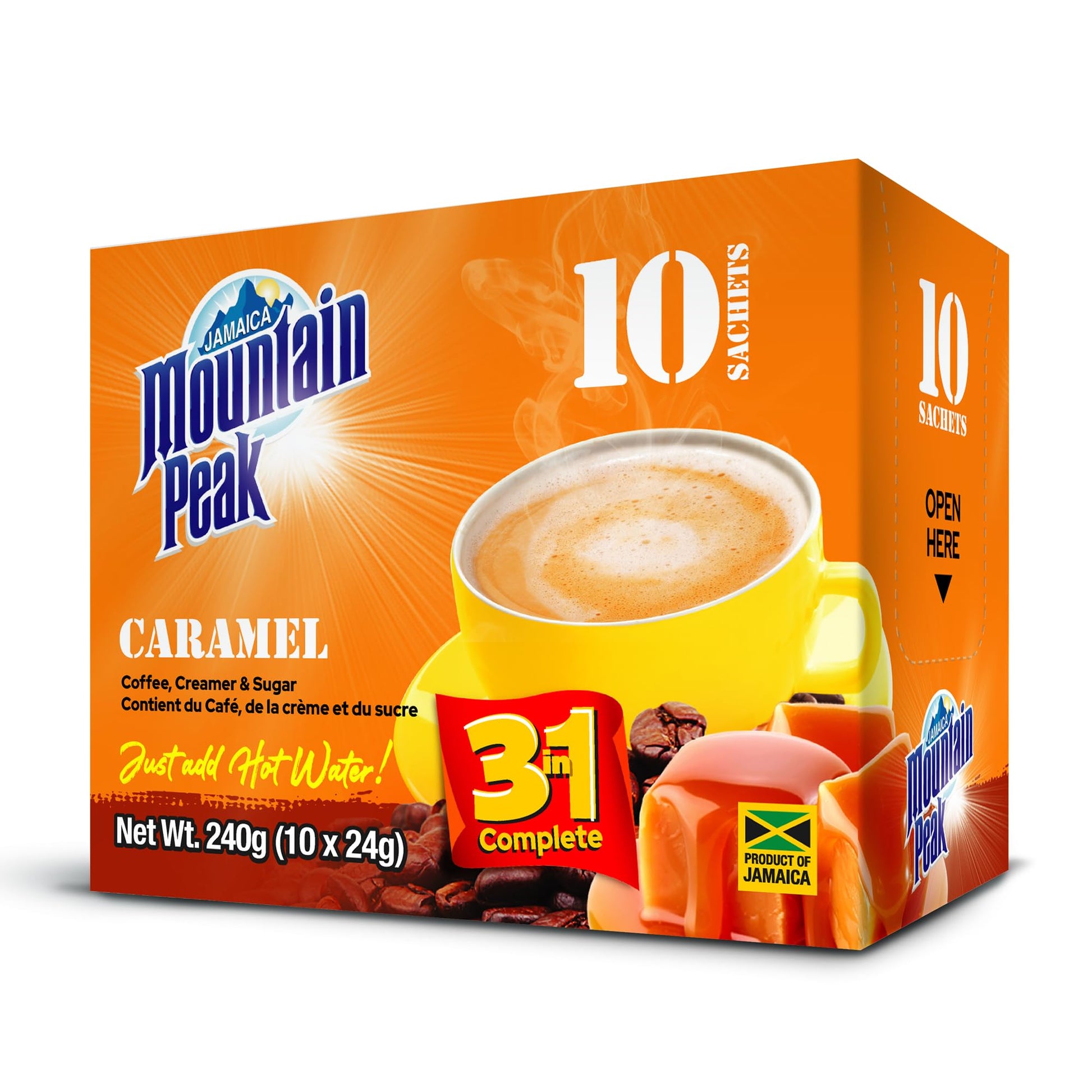 Jamaica Mountain Peak Caramel 3 in 1 Instant Coffee Mix  Coffee Creamer and Cane Sugar (10 Sachets x 24g)  Rich Caramel Flavor  Smooth and Creamy  Just Add Water