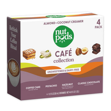 nutpods Cafe Collection Unsweetened Non-Dairy Creamer Pack of 4 - Coffee Cake, Pistachio, Hazelnut, Classic Chocolate, Vegan, Gluten-Free