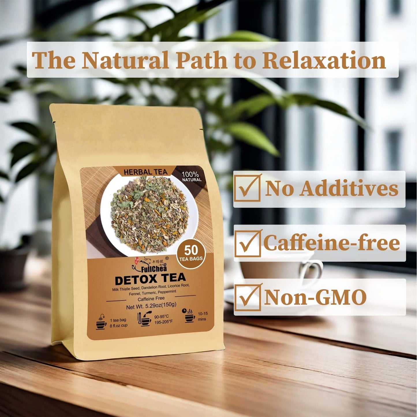 FullChea Detox Tea Bags, 50 Count, with Milk Thistle, Dandelion Root, Turmeric, Peppermint - Liver Support Tea