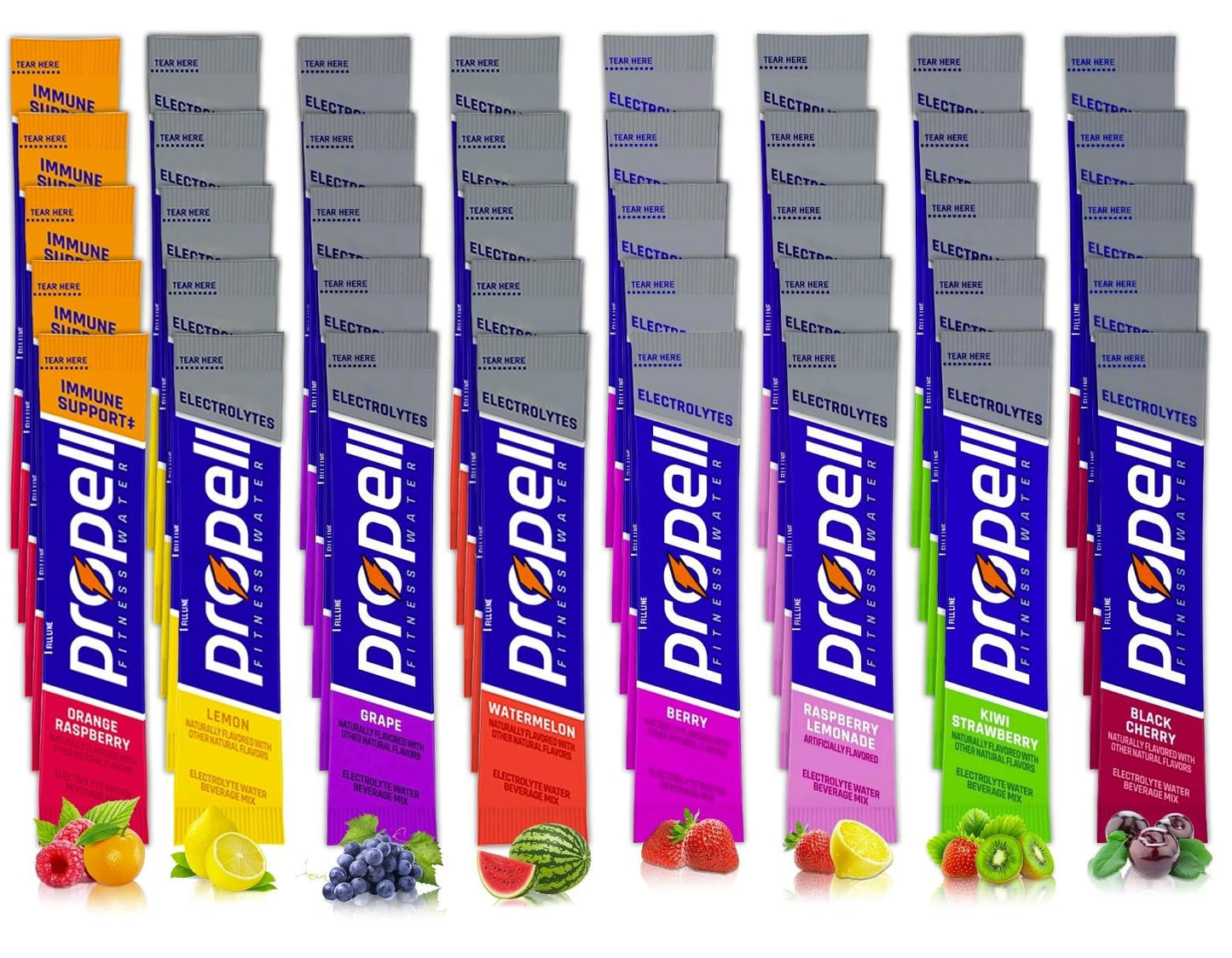 ALL 8 FLAVORS Propell Powder Packets Variety Pack, Total 40 Packets of 8 Different Flavors: Lemon, Watermelon, Black Cherry, Gra