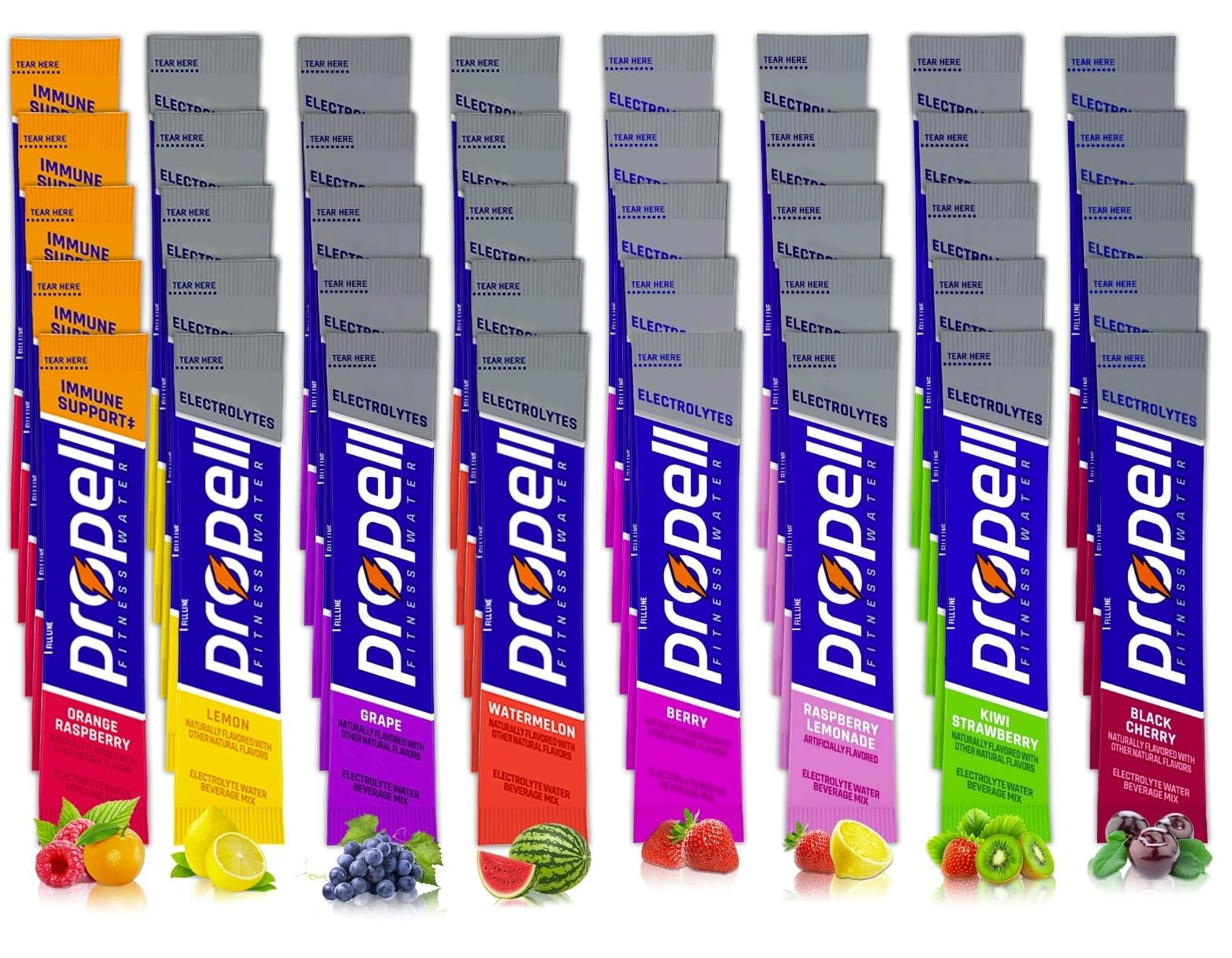 ALL 8 FLAVORS Propell Powder Packets Variety Pack, Total 40 Packets of 8 Different Flavors: Lemon, Watermelon, Black Cherry, Gra